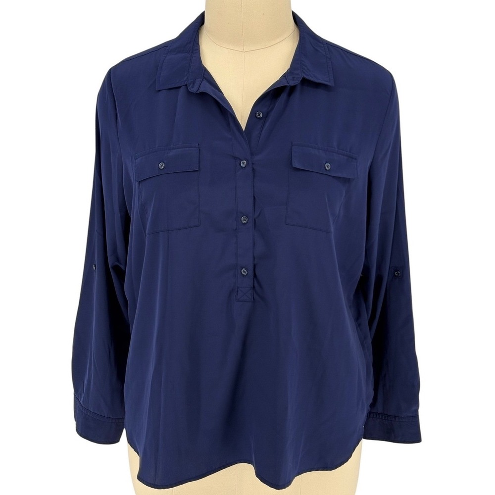 Old Navy Pocket Popover Blouse Navy Blue Roll Tab Sleeve XXL